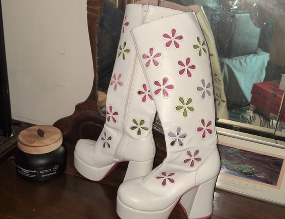 Shoes - White and Pink Platform Shoes with Floral Design